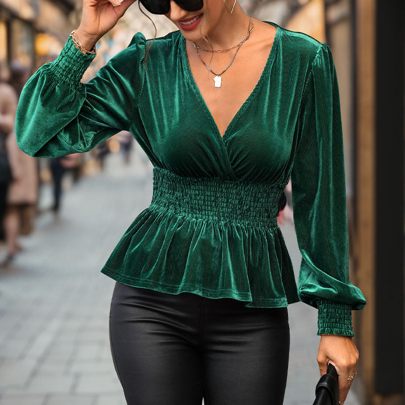 Damen V-Pullover Geraffte Taille Länge Ärmel Norvielle