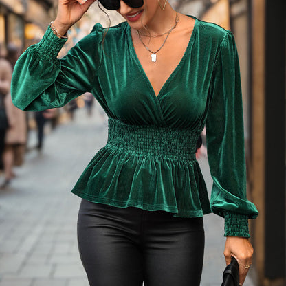 Damen V-Pullover Geraffte Taille Länge Ärmel Norvielle