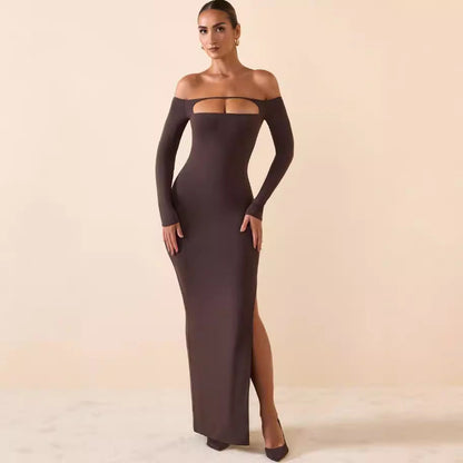 Damen Langarmkleid Cut-Out-Design Schulterfrei