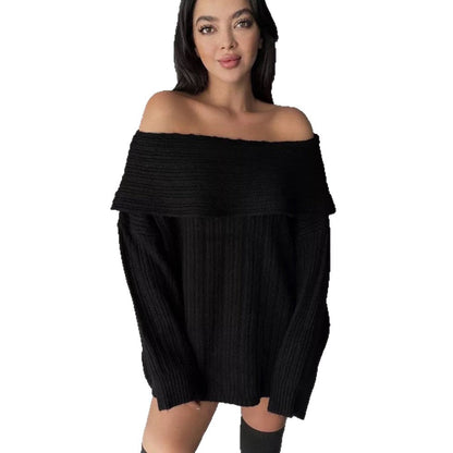 Damen Strickpullover Oversized Schulterfrei Rippstruktur Beige