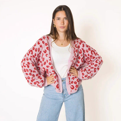 Damen Strickjacke Leopardenmuster Offen