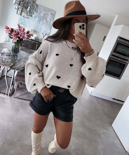 Damen Strickpullover Weit Kuschelig Herzmotiv Norvielle