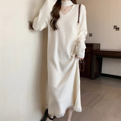 Damen Strickkleid V-Ausschnitt Fransen Norvielle - Norvielle