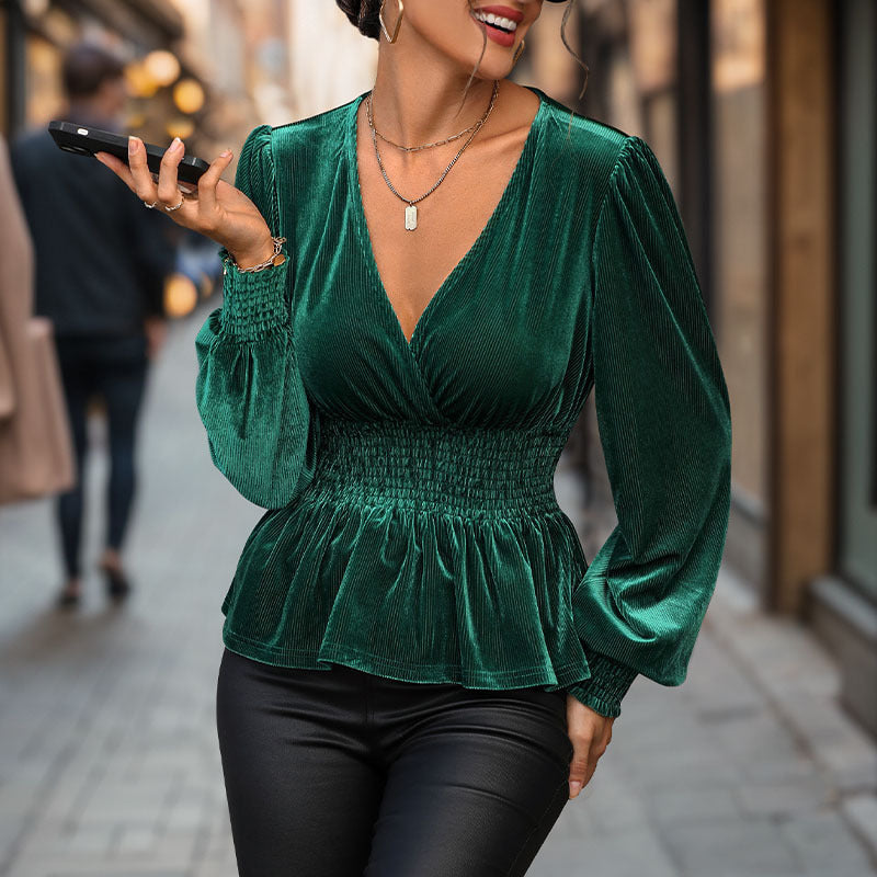 Damen V-Pullover Geraffte Taille Länge Ärmel Norvielle