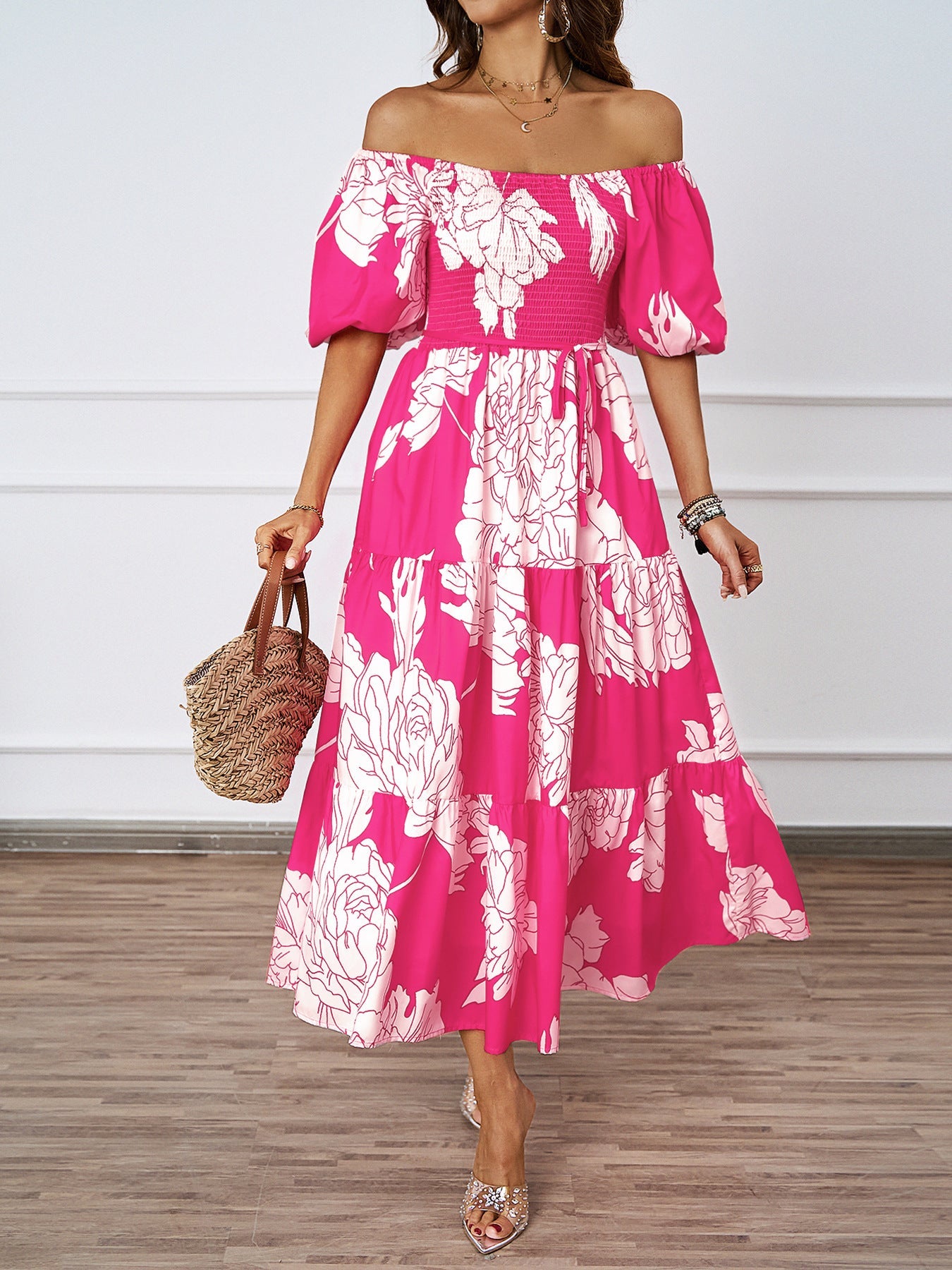 Damen Off-Shoulder Maxikleid Voluminöse Ärmel Print Norvielle