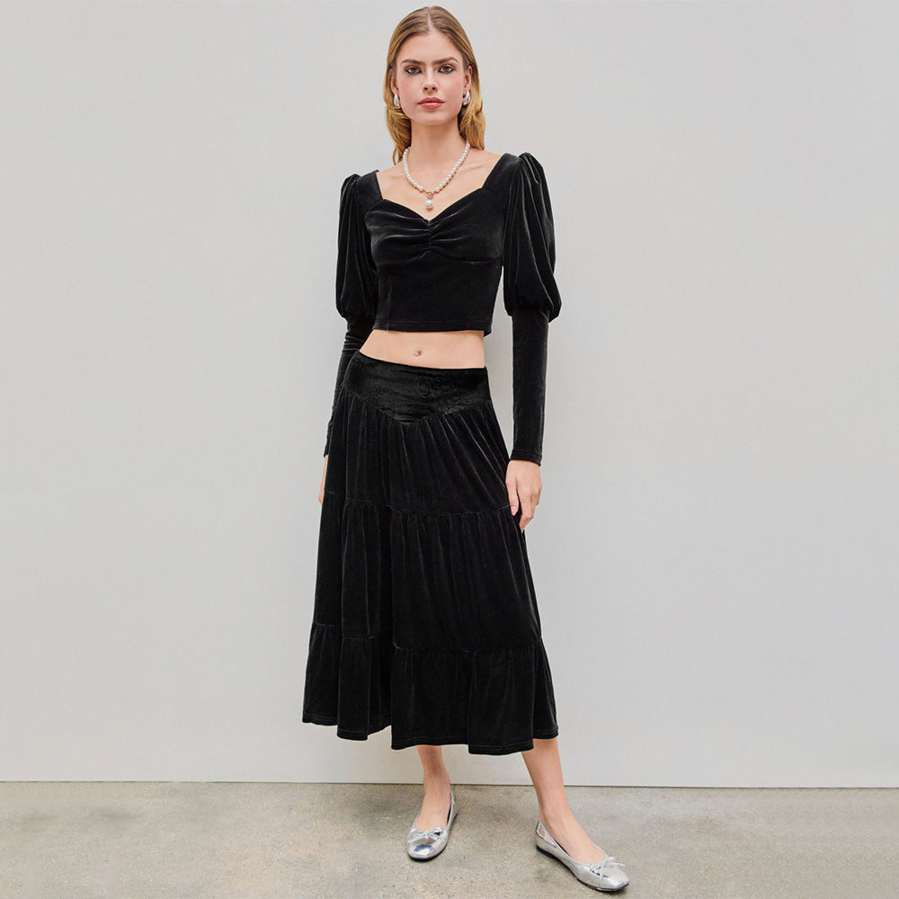 Damen Rüschenshirt Set mit Maxi-Rock