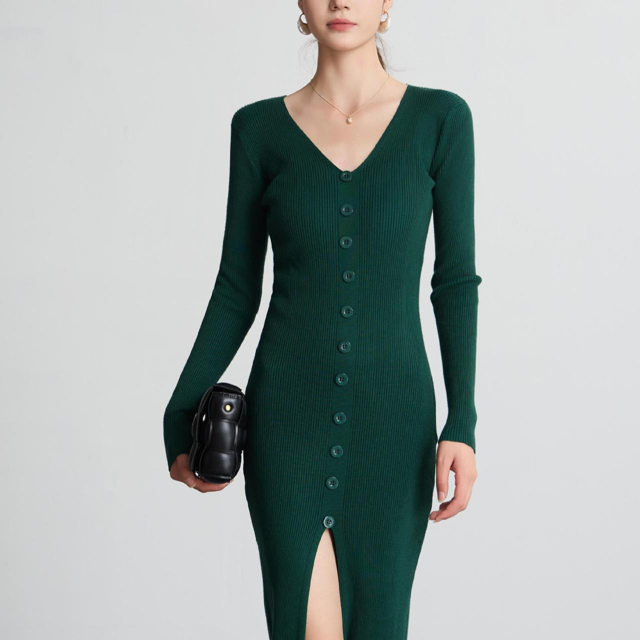 Damen Langarm Strickkleid V-Ausschnitt Knopfleiste Norvielle - Norvielle