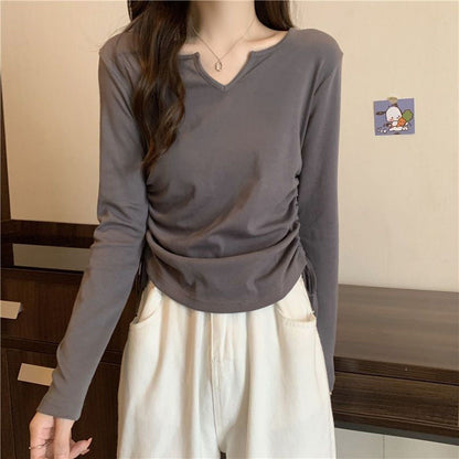 Damen Langarmshirt V-Ausschnitt Raffung Norvielle