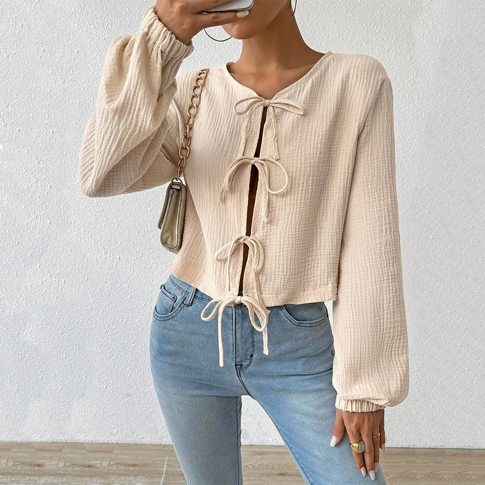 Damen Cropped Bluse Raffinierte Schnürdetails Norvielle