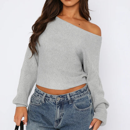 Damen Crop-Pullover Asymmetrischer Ausschnitt Rippstruktur Norvielle