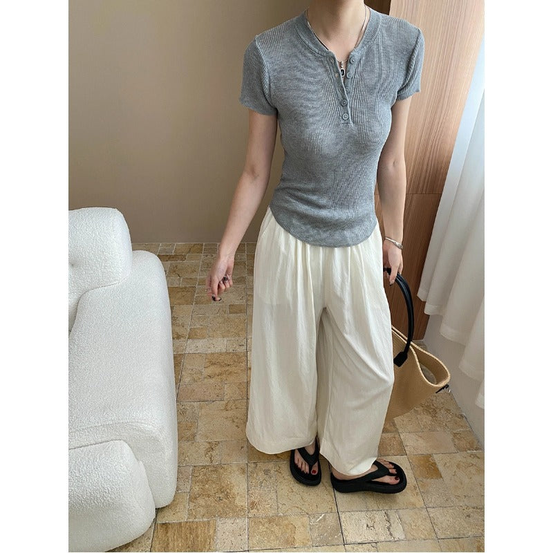 Damen Henley-Oberteil Kurzarm Ribb-Baumwolle Knopfleiste Beige