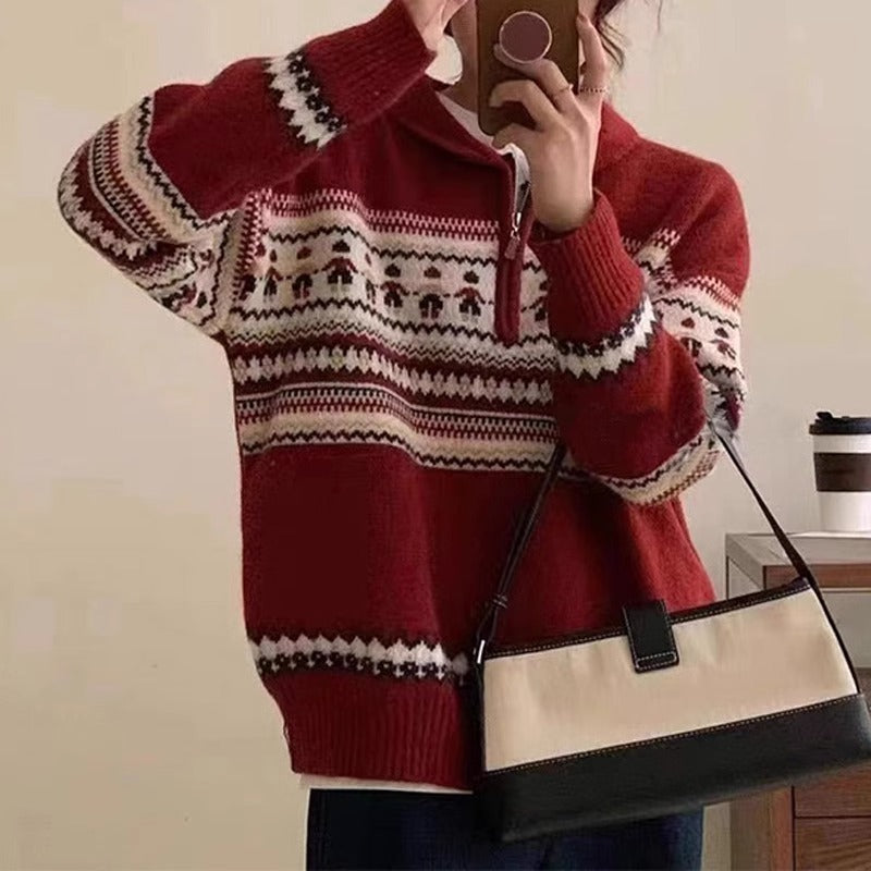 Damen Grobstrickpullover Norweger-Muster Hochkragen