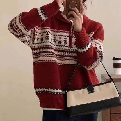 Damen Grobstrickpullover Norweger-Muster Hochkragen