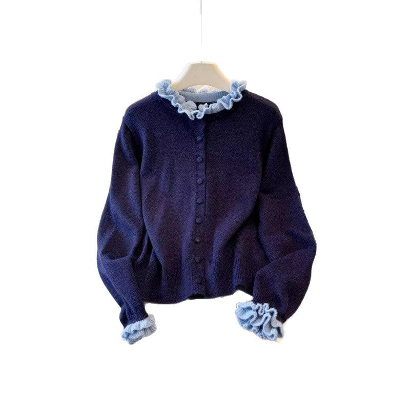 Damen Strickjacke Rüschenkragen Knöpfe Norvielle