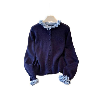 Damen Strickjacke Rüschenkragen Knöpfe Norvielle