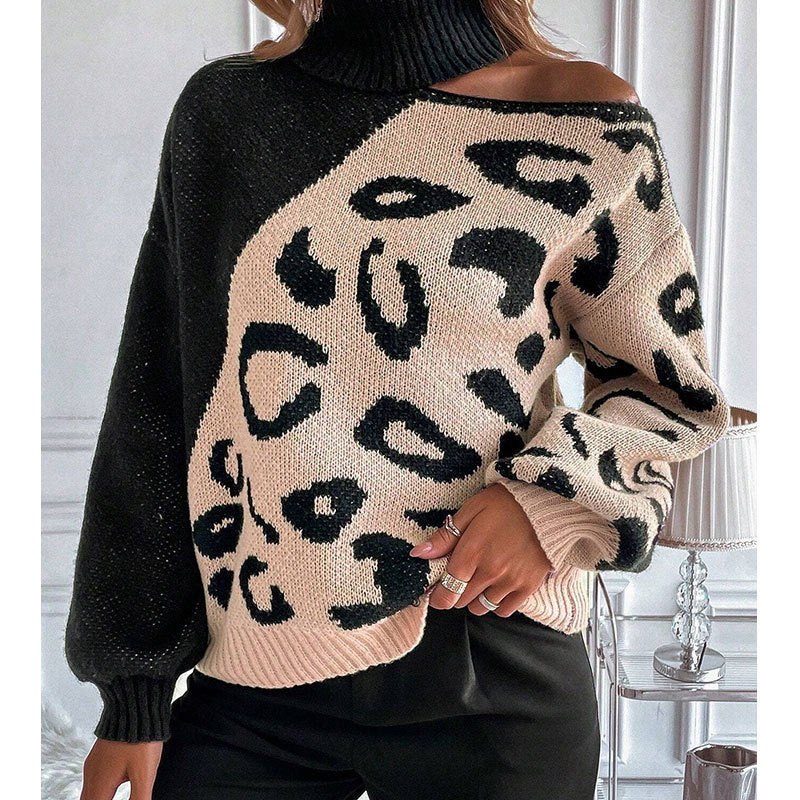 Damen Strickpullover Leopardenmuster Stehkragen Norvielle - Norvielle