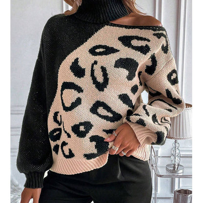 Damen Strickpullover Leopardenmuster Stehkragen Norvielle - Norvielle