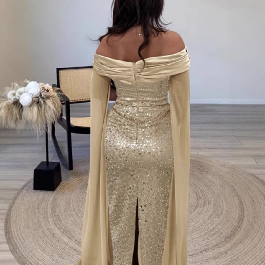 Damen Abendkleid Schulterfrei Glitzernd Langärmlig Norvielle