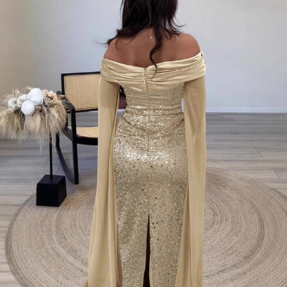 Damen Abendkleid Schulterfrei Glitzernd Langärmlig Norvielle