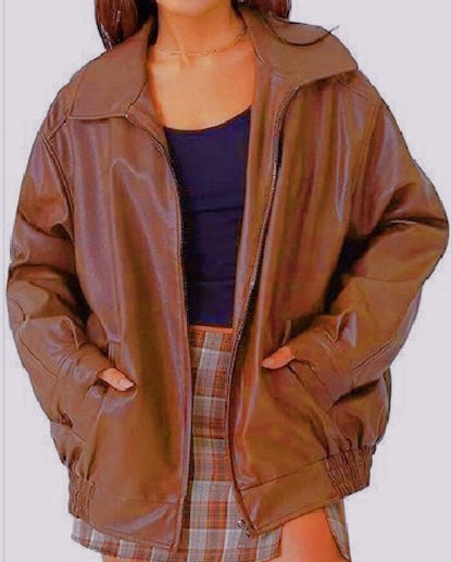 Damen Lederjacke Lässig Großer Kragen