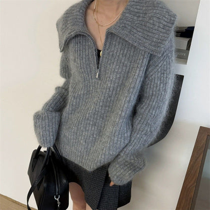 Damen Strickpullover Großer Kragen Reißverschluss Norvielle
