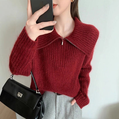 Damen Strickpullover Großer Kragen Reißverschluss Norvielle