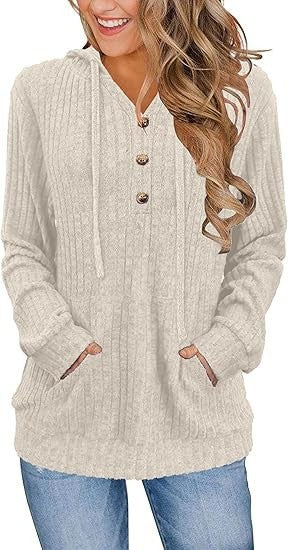 Damen Kapuzenpullover Kuschelfleece Knöpfe Seitentaschen Norvielle