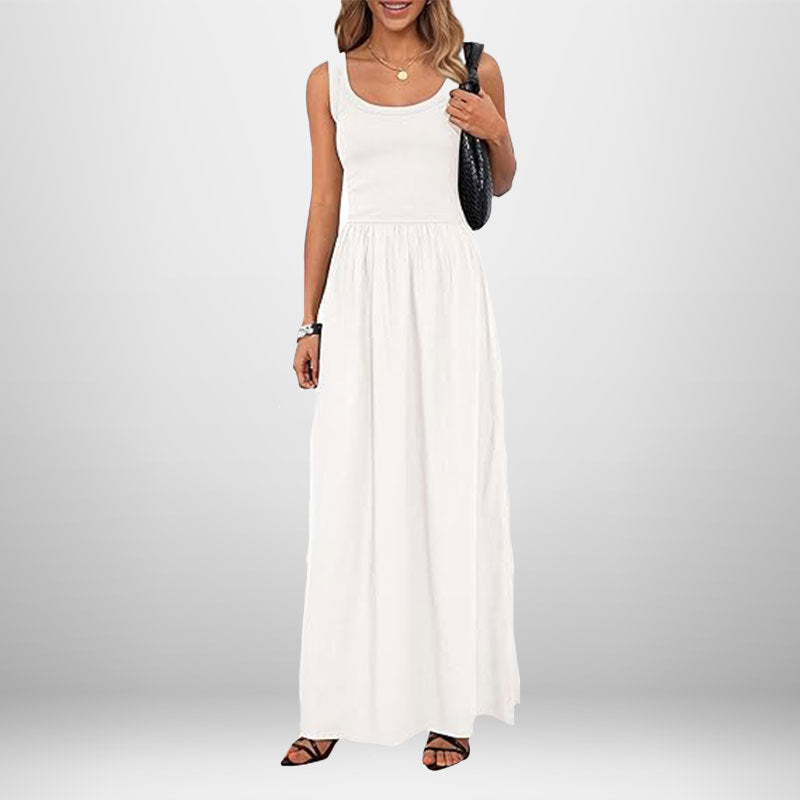 Damen Maxikleid Weicher Baumwollstoff Elastischer Taillenschnitt