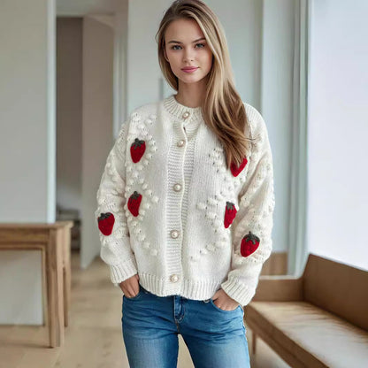 Damen Strickjacke Erdbeer Stickerei Knopfverschluss Norvielle