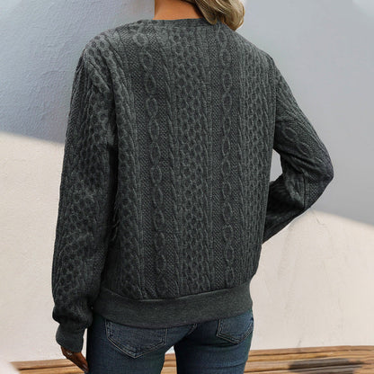 Damen Strickpullover Lässig Wellenmuster Knopfdetails Beige