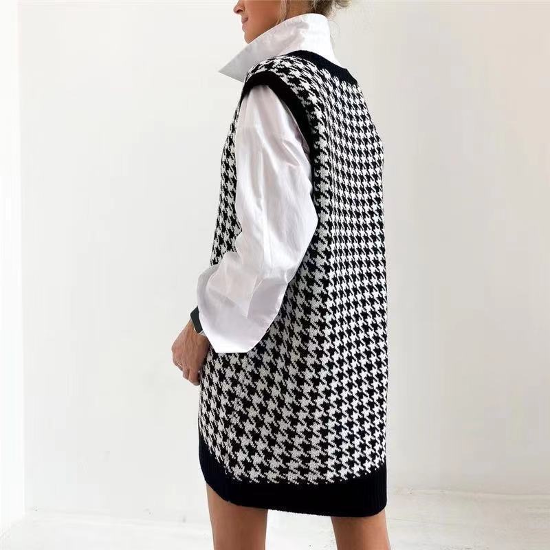Damen Strickkleid Hahnentrittmuster V-Ausschnitt