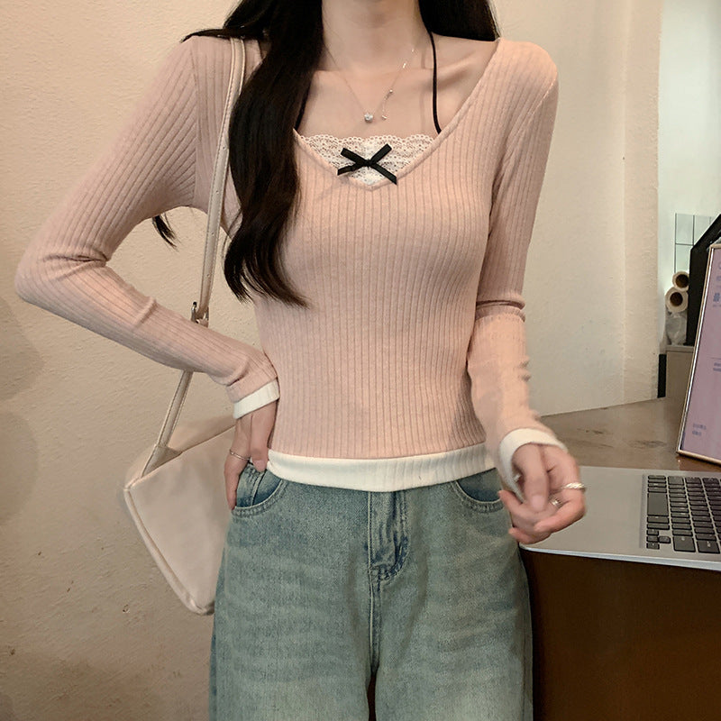 Damen Langarmshirt V-Ausschnitt Spitze Weiß - Norvielle