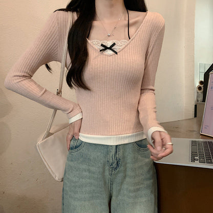 Damen Langarmshirt V-Ausschnitt Spitze Weiß - Norvielle
