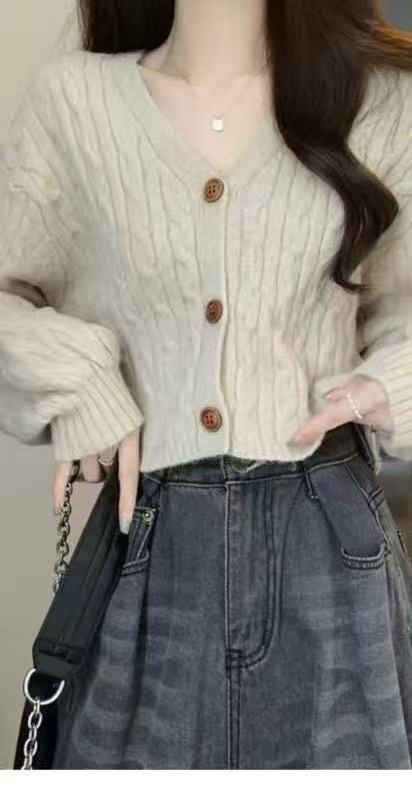 Damen Grobstrick Cardigan Knöpfe V-Ausschnitt Beige
