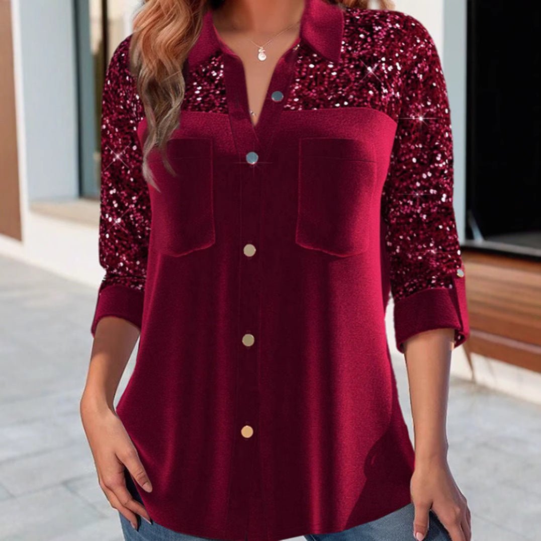 Damen Bluse Paillettenärmel Glitzer Effekt Norvielle - Norvielle