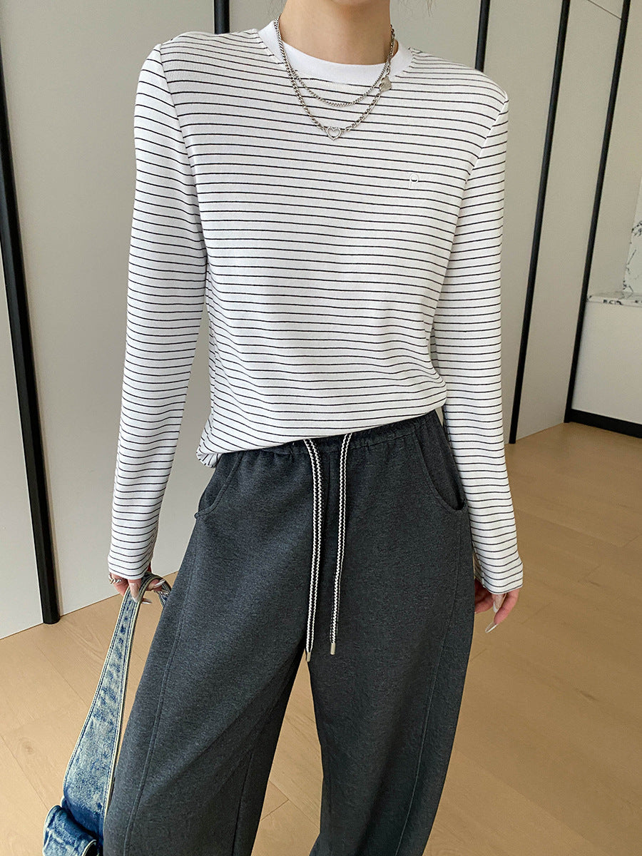 Damen Langarmshirt Klassisches Streifenmuster Rundhals Weiß