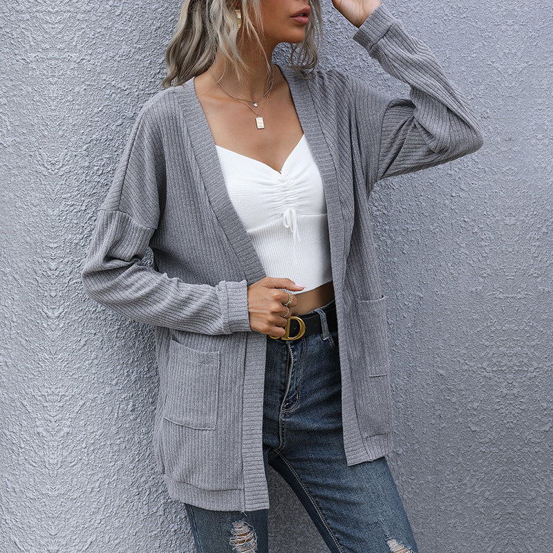 Damen Strickjacke Mit Taschen Offener Schnitt Beige