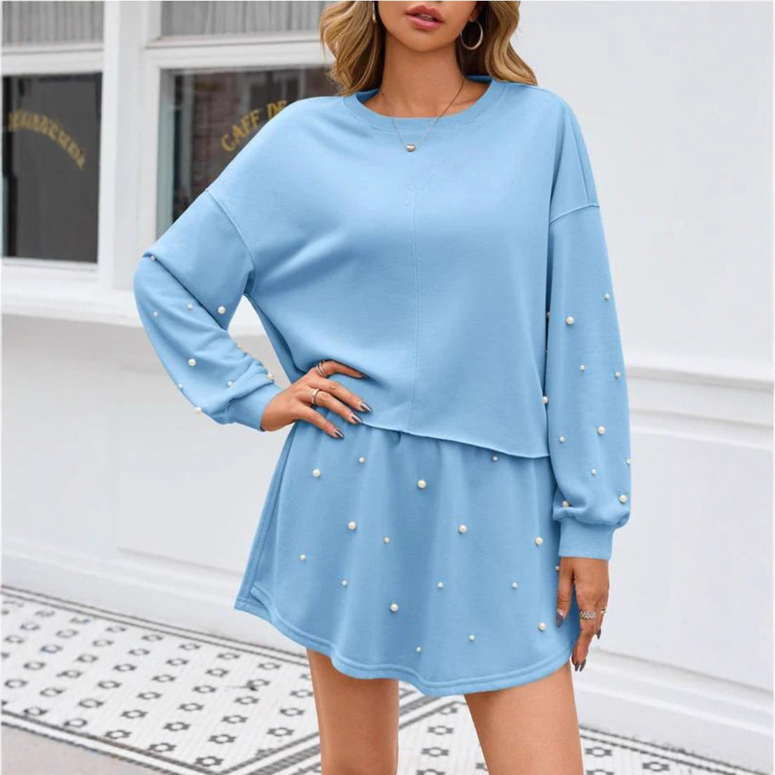 Damen Sweatkleid Grübchen Perlen-Applikationen Schwarz - Norvielle