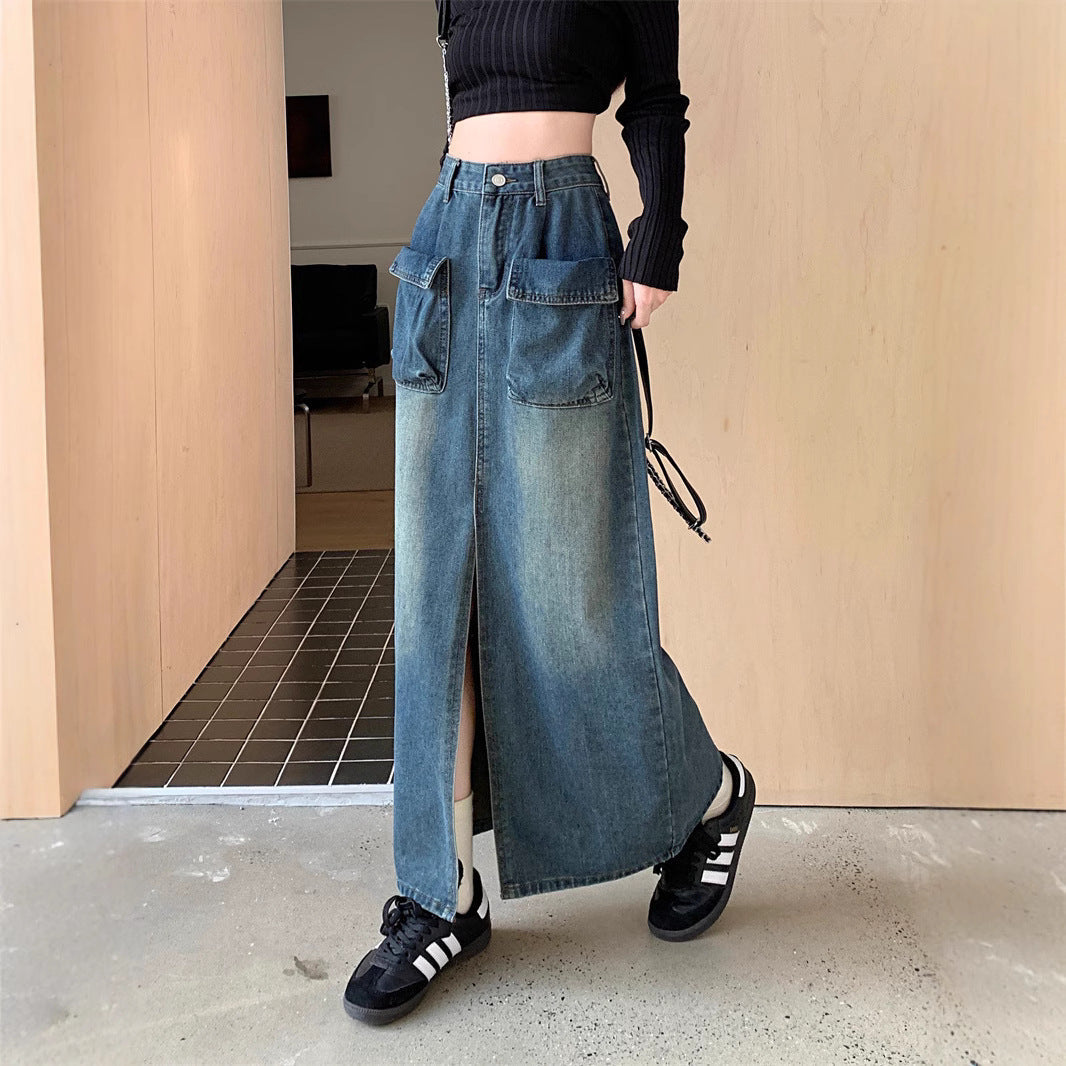 Damen Jeansrock Lang Mit Taschen