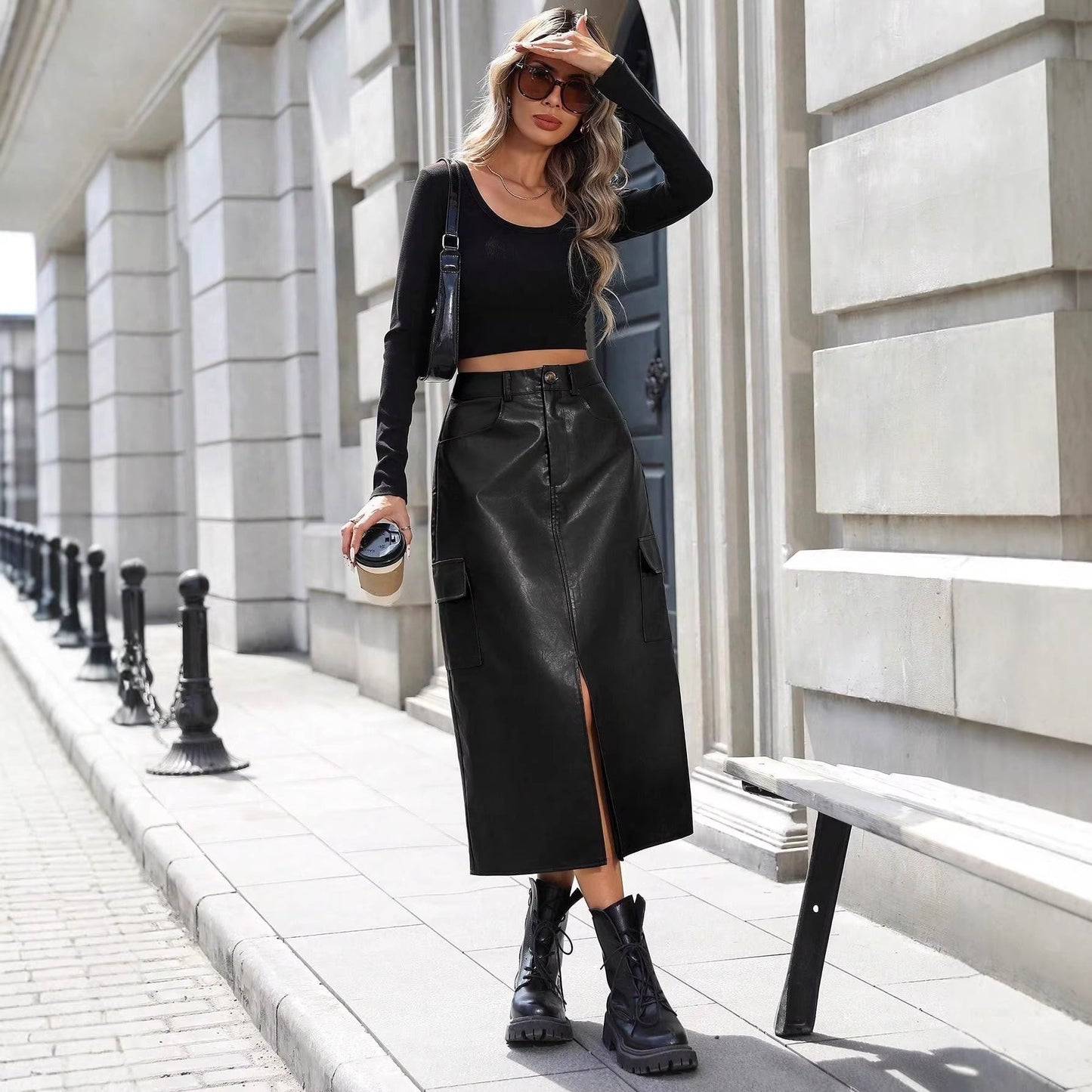 Damen Midirock Kunstleder Taschen Elegant