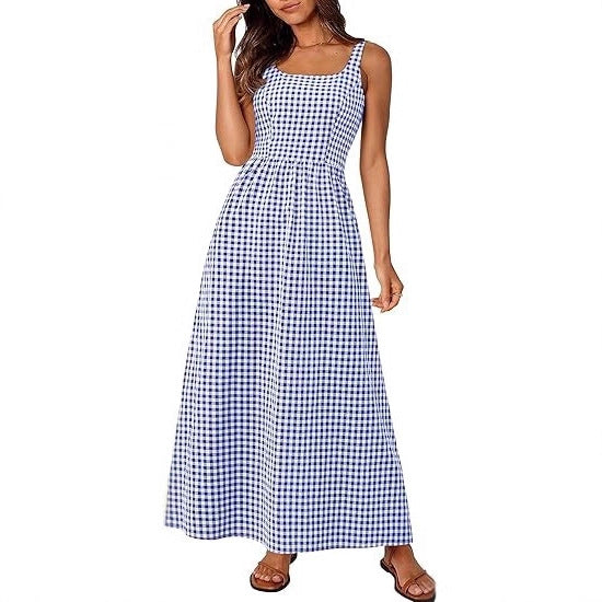 Damen Maxikleid Karomuster Elastisch Verstellbare Träger Norvielle - Norvielle