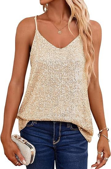 Damen Spaghetti-Trägertop V-Ausschnitt Glitzerdetails
