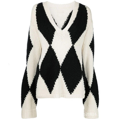 Damen Strickpullover V-Ausschnitt Zickzackmuster Norvielle