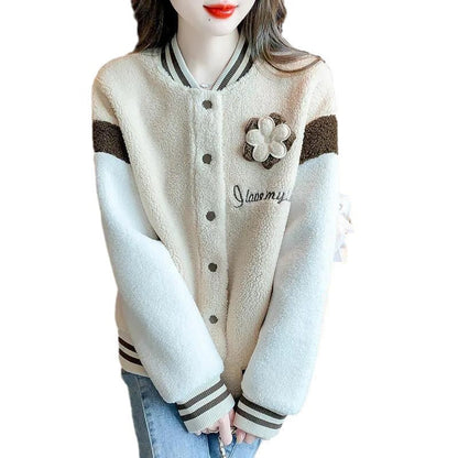 Damen Collegejacke Warm Blumendekor Knopfverschluss Norvielle