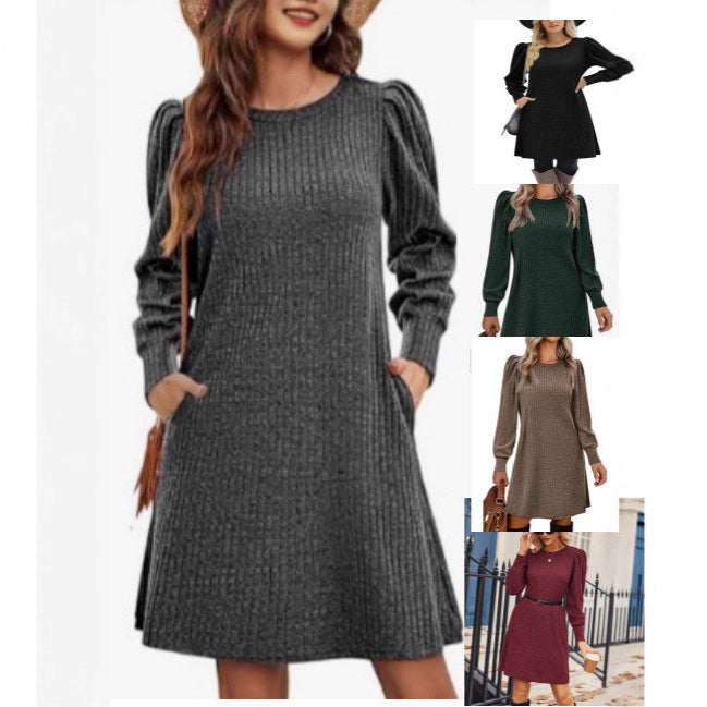 Damen Pulloverkleid Rippstrick Puffärmel Norvielle - Norvielle