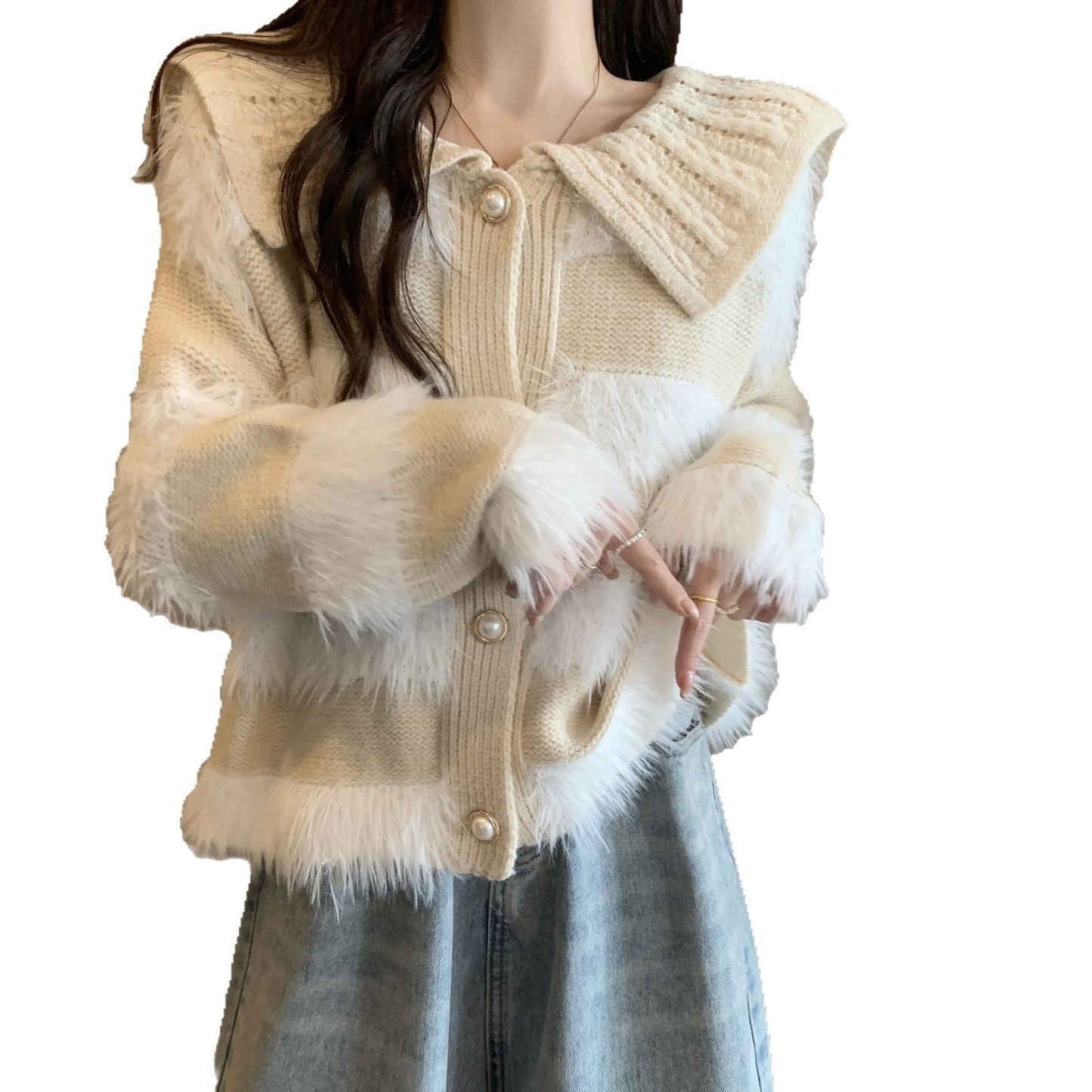 Damen Strickjacke Geflochtener Kragen Kunstfell Applikationen