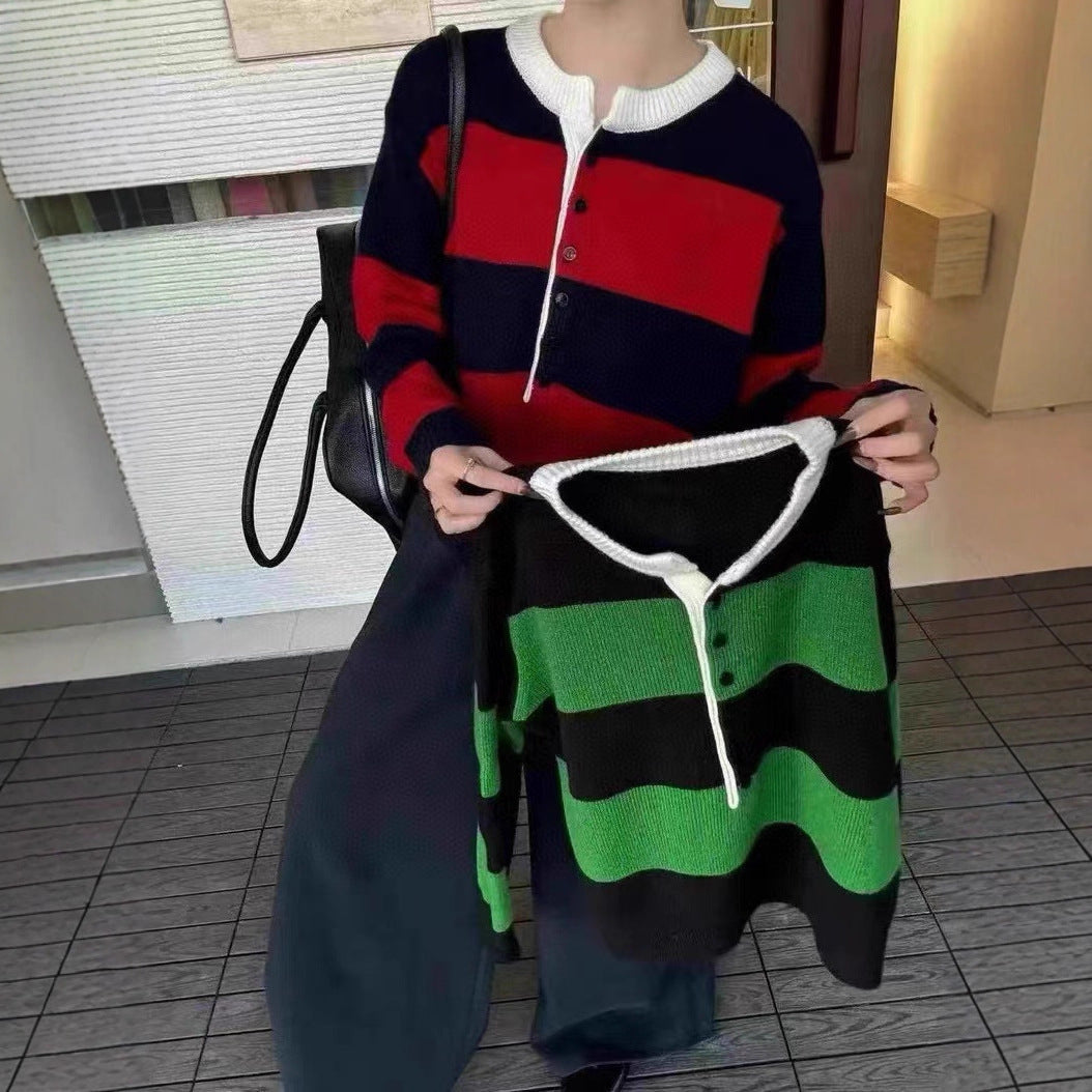 Damen Strickpullover Sportlich Knopfleiste Grafisches Muster Norvielle