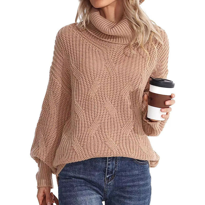 Damen Strickpullover Hochkragen Strukturmasche