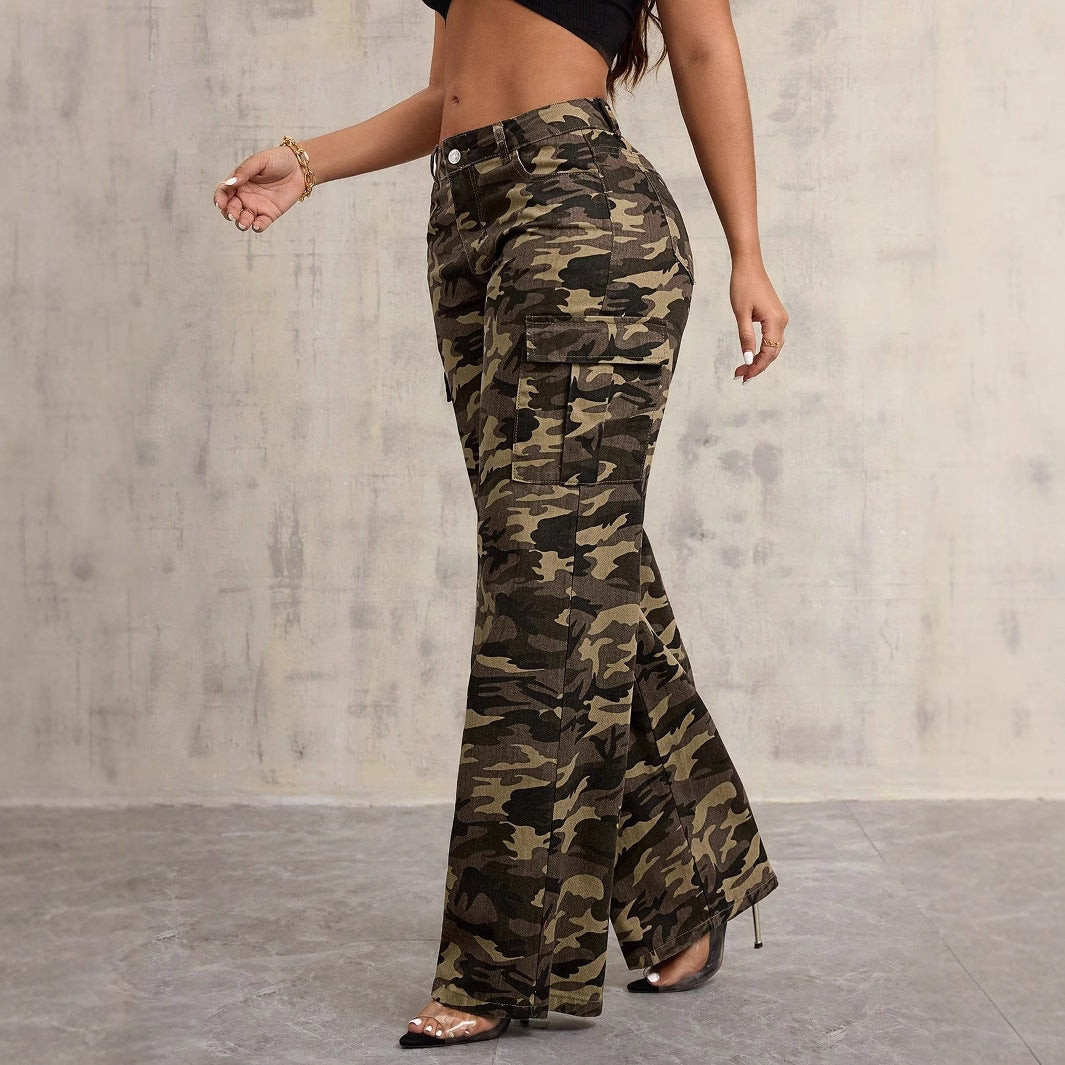 Damen Cargo-Hose Camouflage Baumwolle Weite Bein Schwarz - Norvielle