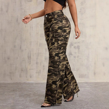 Damen Cargo-Hose Camouflage Baumwolle Weite Bein Schwarz - Norvielle